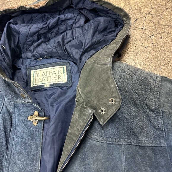 Rare VTG Braefair Leather New York Blue Hooded Jacket with Toggle Closures - Picture 7 of 9
